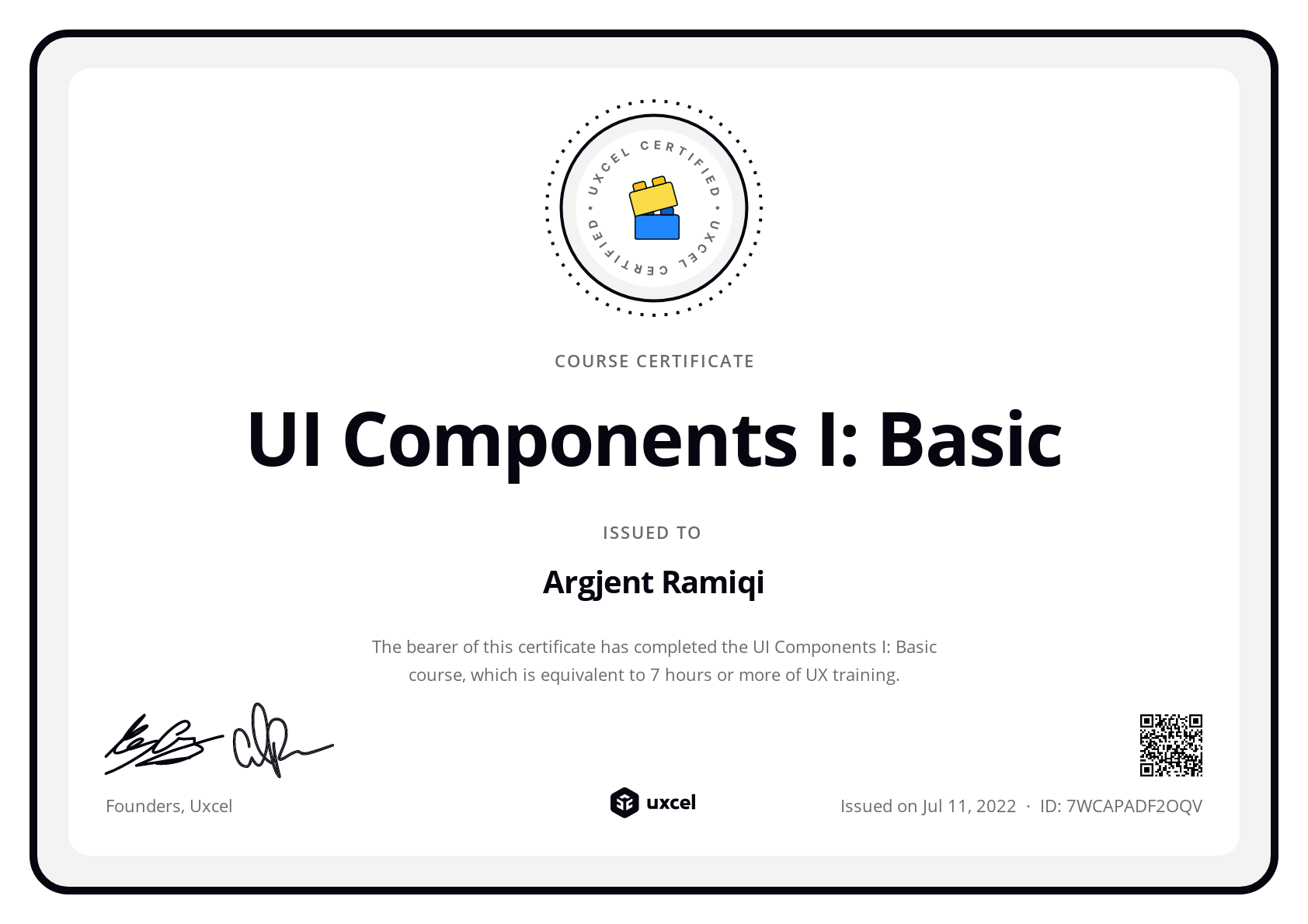 Argjent Ramiqi's certificate